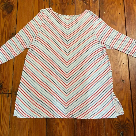 J Jill Knit Top Womens XL Red Gray Chevron Stripe Boat Neck Coastal Tunic Boxy - Picture 9 of 13